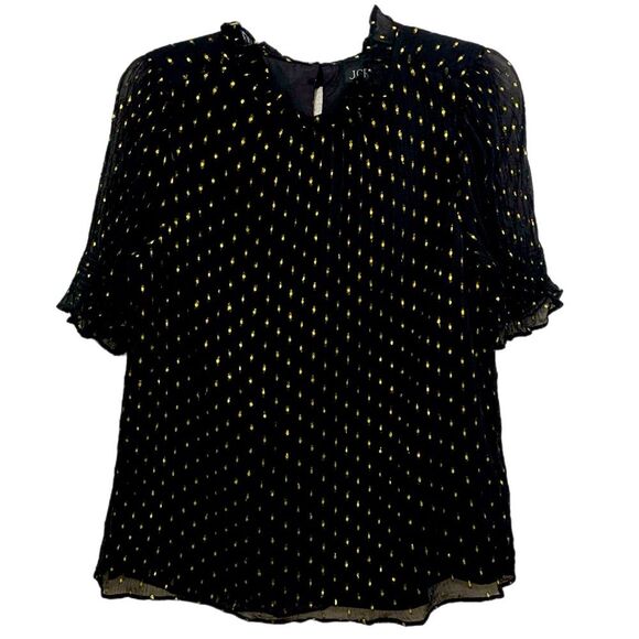 J. Crew Blouse Women’s Medium Black Yellow Sheer Polka Dot Ruffle Neck. - Picture 1 of 14